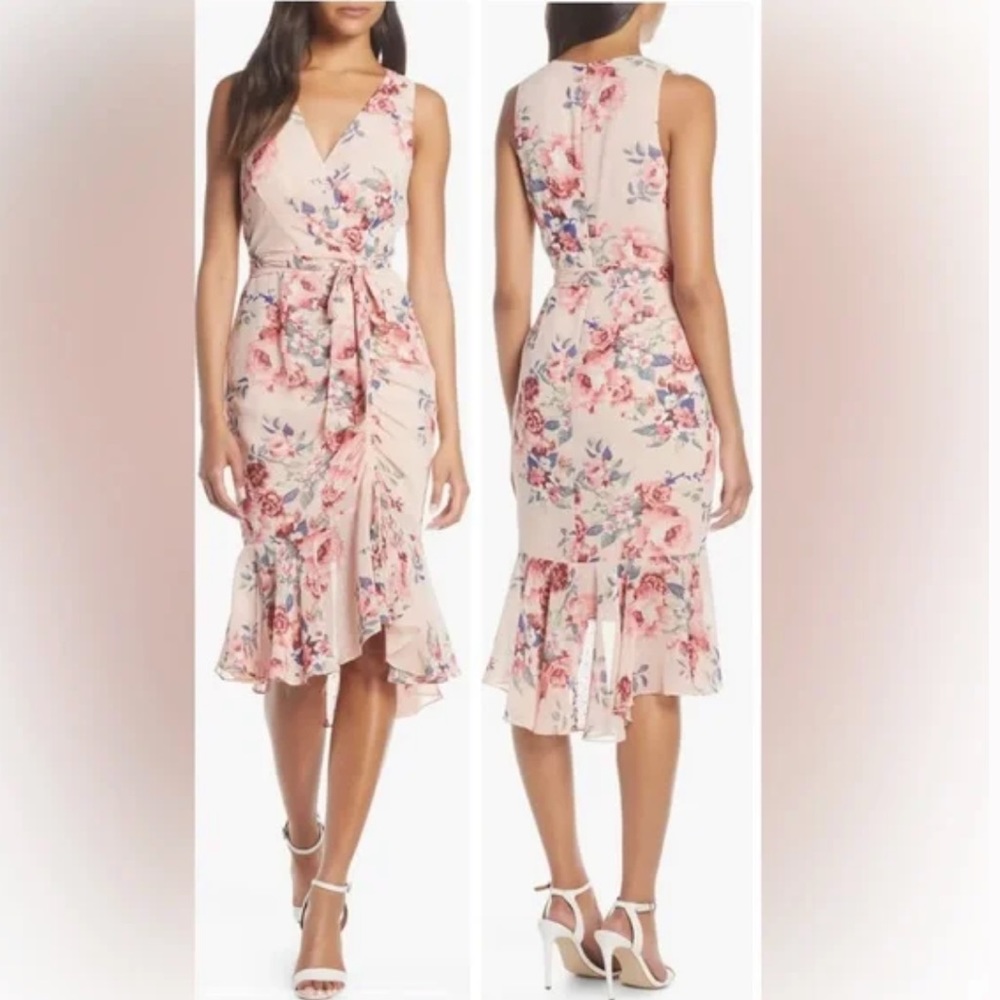 NWT ELIZA J  | FLORAL PINK RUCHED CHIFFON FAUX WRAP DRESS